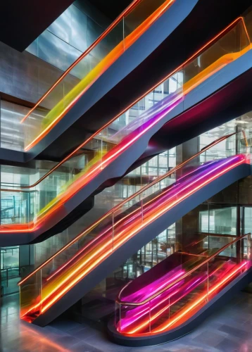 colorful spiral,steel stairs,winding staircase,glass facade,autostadt wolfsburg,light graffiti,glass facades,multi storey car park,futuristic art museum,light art,colorful glass,spiral stairs,winding steps,light trail,abstract corporate,spiral staircase,glass building,winners stairs,futuristic architecture,outside staircase,Photography,Artistic Photography,Artistic Photography 04