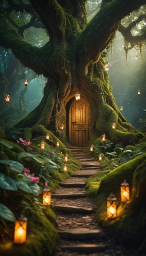 enchanted forest,fairy forest,fairy door,elven forest,fairy village,fairytale forest,fantasy picture,fairy house,hobbiton,the mystical path,druid grove,fairy world,fantasy landscape,wishing well,tree house,witch's house,3d fantasy,forest glade,dandelion hall,forest of dreams,Photography,General,Cinematic