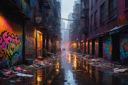 alleyway,alley,world digital painting,colorful city,slum,walking in the rain,blind alley,street canyon,rainy,rainstorm,hong kong,digital painting,urban,slums,new york streets,narrow street,cityscape,cyberpunk,heavy rain,after rain,Conceptual Art,Oil color,Oil Color 05