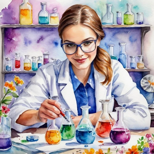 chemist,biologist,microbiologist,chemical laboratory,medical illustration,scientist,laboratory information,laboratory,pharmacist,laboratory flask,watercolor painting,watercolor background,creating perfume,science education,bio,chemical engineer,pathologist,reagents,painting technique,sci fiction illustration,Illustration,Paper based,Paper Based 24