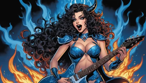 blue enchantress,fire siren,huntress,sorceress,fantasy woman,the enchantress,fire-eater,ibanez,fire devil,fire angel,hot metal,kali,female warrior,death angel,scarlet witch,goddess of justice,evil woman,voodoo woman,fire eater,catarina,Illustration,American Style,American Style 13