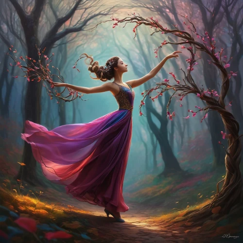 ballerina in the woods,fantasy picture,faerie,fae,girl with tree,faery,fantasy art,enchanted forest,dryad,mystical portrait of a girl,rosa 'the fairy,the enchantress,forest of dreams,fairy forest,world digital painting,acerola,fairy queen,woman playing,girl in a long dress,danse macabre,Illustration,Paper based,Paper Based 02