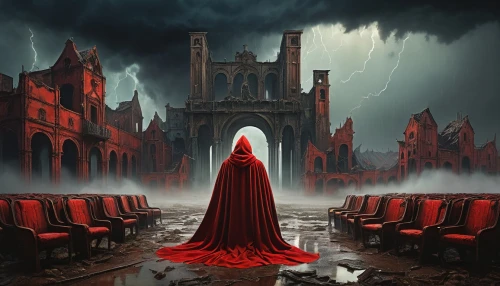 blood church,red cape,dance of death,haunted cathedral,red coat,a drop of blood,dracula,hall of the fallen,sepulchre,red gown,ghost castle,mystery book cover,pall-bearer,blood icon,the throne,mortuary temple,throne,man in red dress,purgatory,sci fiction illustration,Conceptual Art,Oil color,Oil Color 09