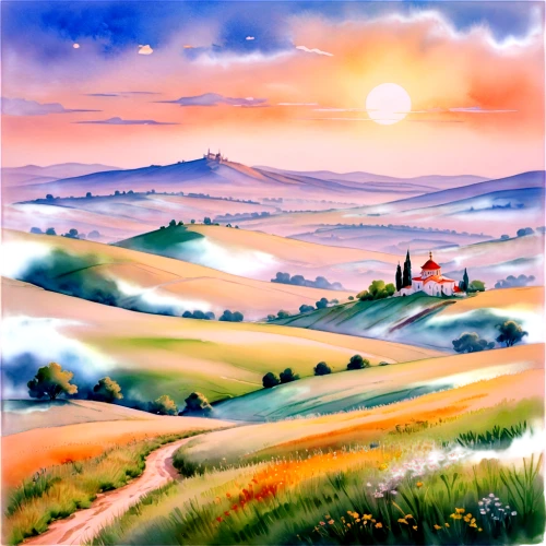 tuscany,landscape background,tuscan,home landscape,panoramic landscape,farm landscape,rural landscape,volterra,landscape,monferrato,high landscape,meadow landscape,campagna,watercolor background,farm background,italian painter,fantasy landscape,mushroom landscape,foggy landscape,piemonte,Illustration,Realistic Fantasy,Realistic Fantasy 43