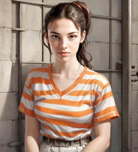 clementine,polo shirt,girl in t-shirt,striped background,portrait of a girl,orange,cotton top,vanessa (butterfly),realdoll,cute cartoon character,retro girl,horizontal stripes,clove,cute,female doll,doll's facial features,girl with bread-and-butter,liberty cotton,tee,painter doll,Digital Art,Comic