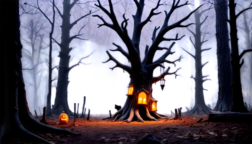 halloween bare trees,halloween background,haunted forest,halloween scene,halloween illustration,campfires,burning tree trunk,cartoon video game background,devilwood,autumn forest,tree torch,halloween wallpaper,enchanted forest,campfire,druid grove,witch's house,forest background,cartoon forest,autumn camper,halloween banner,Unique,3D,Clay