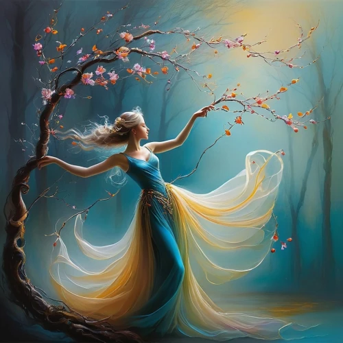 ballerina in the woods,fantasy picture,faerie,yellow rose background,fairy queen,girl with tree,fantasy art,mystical portrait of a girl,faery,blue moon rose,gracefulness,fairy tale character,girl in a long dress,blossoming apple tree,fairy tale,enchanting,fantasia,fairytale,enchanted,twirl,Illustration,Realistic Fantasy,Realistic Fantasy 16