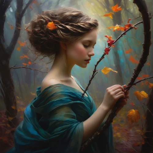 mystical portrait of a girl,girl with tree,faery,faerie,autumn idyll,light of autumn,the autumn,fantasy portrait,girl in the garden,girl in a wreath,cosmos autumn,in the autumn,romantic portrait,girl in flowers,autumn,dryad,enchanting,autumn taste,girl picking flowers,autumn leaves,Conceptual Art,Oil color,Oil Color 11