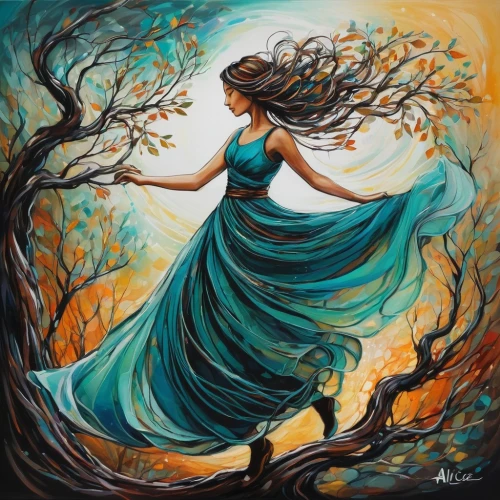 girl with tree,boho art,oil painting on canvas,orange tree,ballerina in the woods,dryad,girl in a long dress,the branches of the tree,fantasy art,art painting,throwing leaves,woman playing,dance with canvases,blue enchantress,mother earth,oil painting,little girl in wind,faerie,treeing feist,celtic tree,Illustration,Realistic Fantasy,Realistic Fantasy 23