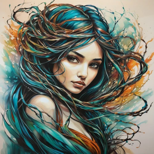 mermaid vectors,boho art,fantasy portrait,mermaid background,fantasy art,fae,siren,water nymph,color pencils,mystical portrait of a girl,color turquoise,turquoise,fairy peacock,aquarius,the wind from the sea,watercolor mermaid,color pencil,painting technique,girl drawing,colorful background,Illustration,Realistic Fantasy,Realistic Fantasy 23