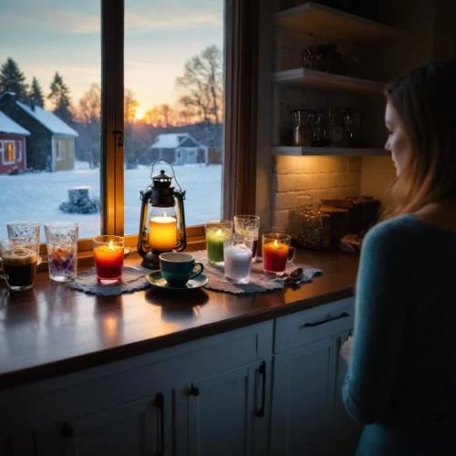 hygge,winter window,under-cabinet lighting,girl in the kitchen,winter light,evening atmosphere,nordic christmas,home fragrance,candle light,winter morning,candlelights,warming containers,blonde girl with christmas gift,candlelight,the living room of a photographer,candle light dinner,kitchen counter,vintage kitchen,romantic night,energy-saving bulbs