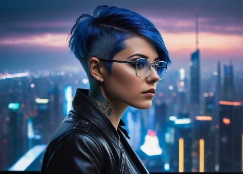 cyberpunk,blu,blue hair,cyber glasses,teal blue asia,electric blue,pompadour,asian vision,blue background,mohawk,portrait background,futuristic,indigo,yukio,asian woman,shanghai,azure,pixie-bob,blue peacock,hong,Photography,Artistic Photography,Artistic Photography 06