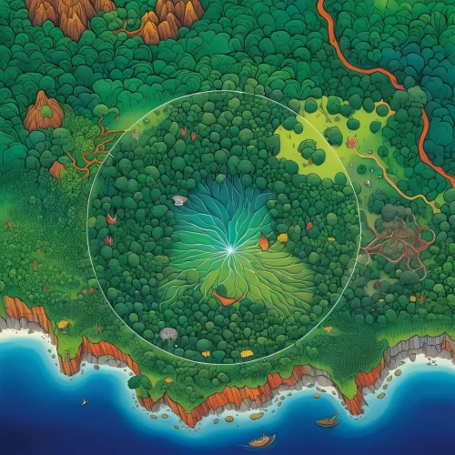 mushroom island,fairy world,the island,circle around tree,uninhabited island,druid grove,island of fyn,jeju,hobbiton,green island,island,peninsula,krafla volcano,fairy village,flying island,delight island,a circle,circle,rainbow world map,umiuchiwa,Illustration,Realistic Fantasy,Realistic Fantasy 04