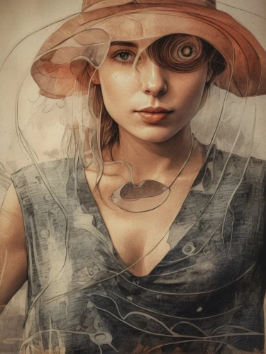 woman thinking,image manipulation,mystical portrait of a girl,boho art,glass painting,girl with a wheel,photomanipulation,watercolor women accessory,chalk drawing,girl wearing hat,fashion illustration,the hat-female,woman of straw,meticulous painting,the hat of the woman,art painting,photo painting,woman portrait,oil painting on canvas,woman's hat,Photography,General,Realistic