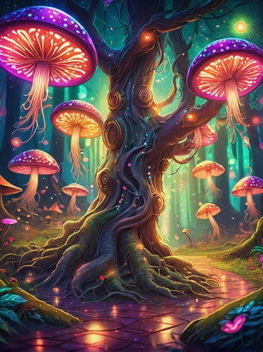 mushroom landscape,fairy forest,tree mushroom,mushroom island,forest mushrooms,mushrooms,forest mushroom,magic tree,fairy world,enchanted forest,colorful tree of life,fairy village,cartoon forest,fairytale forest,elven forest,toadstools,forest of dreams,mushroom type,brown mushrooms,club mushroom,Illustration,Realistic Fantasy,Realistic Fantasy 38