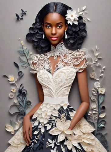 fashion illustration,beautiful african american women,african american woman,tiana,paper art,bridal clothing,hoopskirt,bridal dress,black woman,bridal accessory,flower girl,linden blossom,bridal,doily,african woman,paper flowers,maria bayo,beautiful bonnet,nigeria woman,african daisies,Digital Art,Flat Papercut