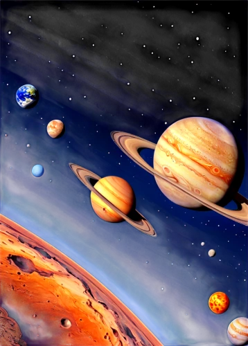 planets,planetary system,solar system,space art,astronomy,jupiter,saturnrings,the solar system,planetarium,astronomical,inner planets,alien planet,gas planet,outer space,galilean moons,sci fiction illustration,space,orbiting,planet eart,astronira,Illustration,Retro,Retro 08