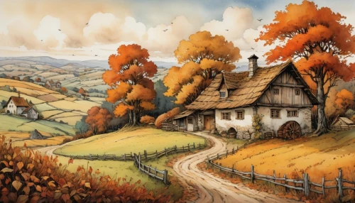 fall landscape,autumn landscape,autumn idyll,autumn background,autumn scenery,autumn mountains,autumn theme,pumpkin autumn,autumn colouring,autumn day,autumn chores,home landscape,oktoberfest background,country cottage,autumn icon,one autumn afternoon,the autumn,hobbiton,thanksgiving background,farm landscape,Illustration,Paper based,Paper Based 29