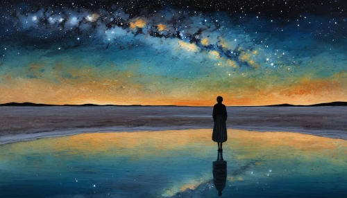 salt-flats,universe,the universe,cosmos,the horizon,astral traveler,astronomical,meditative,inner space,galaxy,to be alone,celestial,horizon,constellation,astronomer,meditation,falling stars,starscape,space art,andromeda,Art,Artistic Painting,Artistic Painting 49