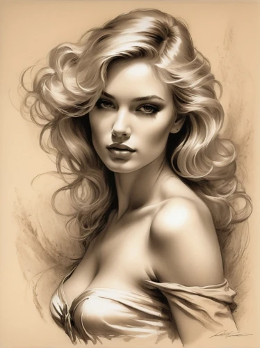 sepia,blonde woman,fantasy portrait,pencil drawings,fashion illustration,charcoal drawing,vintage drawing,watercolor pin up,marylyn monroe - female,airbrushed,fantasy art,charcoal pencil,vintage woman,girl drawing,cosmetic brush,romantic portrait,retro pin up girl,pin-up girl,blond girl,world digital painting,Illustration,Black and White,Black and White 26