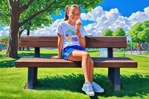 park bench,child in park,girl sitting,girl with bread-and-butter,bench,girl with tree,oil painting,girl in a long,oil painting on canvas,girl in t-shirt,girl with cereal bowl,photo painting,art painting,wooden bench,painting technique,man on a bench,picnic table,benches,outdoor bench,oil on canvas,Illustration,Retro,Retro 20