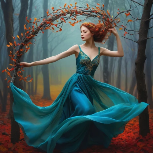 ballerina in the woods,dryad,faerie,faery,girl with tree,fantasy picture,blue enchantress,mystical portrait of a girl,autumn idyll,fairy queen,fantasy art,celtic woman,fantasy portrait,the enchantress,girl in a long dress,enchanted forest,the autumn,throwing leaves,fairy tale character,autumn background,Illustration,Realistic Fantasy,Realistic Fantasy 07
