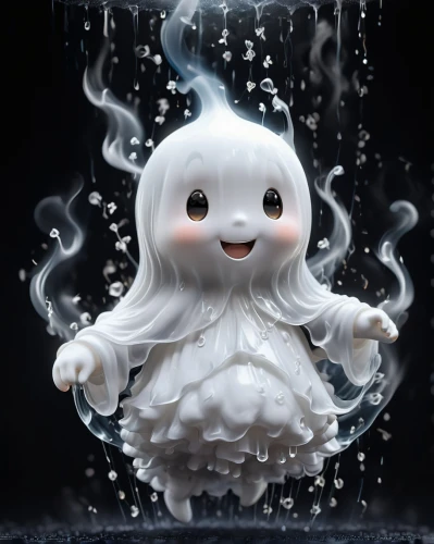 ghost girl,white rose snow queen,pierrot,the snow queen,cute cartoon character,baby shampoo,casper,ghost,ghost background,water creature,whitey,cute cartoon image,boo,eternal snow,white lady,ice queen,snowball,crying angel,milk splash,supernatural creature,Unique,3D,3D Character