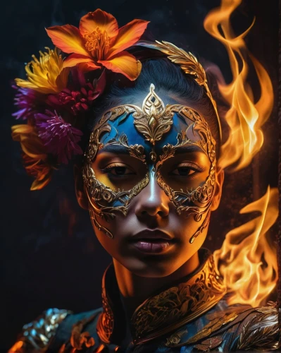 masquerade,venetian mask,fantasy portrait,fire dancer,golden mask,fire artist,gold mask,firedancer,mystical portrait of a girl,flame spirit,fire flower,fire angel,fire and water,warrior woman,masque,face paint,fire background,shaman,fantasy art,fire siren,Photography,Artistic Photography,Artistic Photography 08