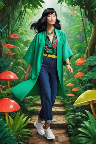 anna may wong,bjork,mulan,garden of eden,green background,world digital painting,rainforest,feng shui,album cover,vietnam,asian woman,tropical greens,flower dome,sci fiction illustration,rockabella,kaew chao chom,biologist,garden of plants,sustainability icons,green living,Illustration,Abstract Fantasy,Abstract Fantasy 08