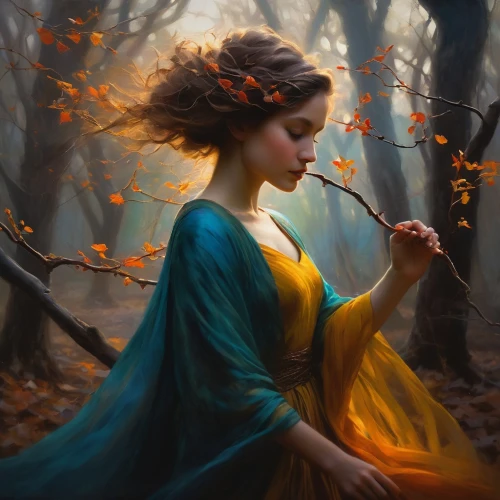 mystical portrait of a girl,ballerina in the woods,faerie,faery,fantasy portrait,autumn idyll,light of autumn,girl with tree,fantasy picture,throwing leaves,fantasy art,dryad,the autumn,world digital painting,girl in the garden,enchanting,golden autumn,yellow petals,fairy queen,romantic portrait,Conceptual Art,Oil color,Oil Color 11