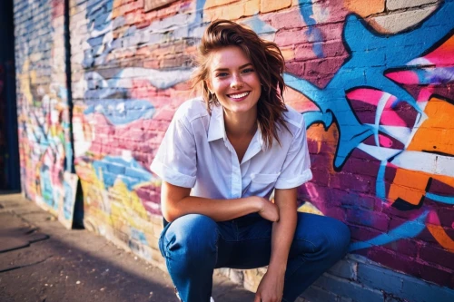 a girl's smile,girl in t-shirt,portrait background,jeans background,killer smile,girl in overalls,smiling,wallis day,colorful background,portrait photography,girl sitting,grin,denim background,concrete background,beautiful young woman,australian,brick wall background,portrait photographers,white shirt,melbourne,Photography,Fashion Photography,Fashion Photography 07