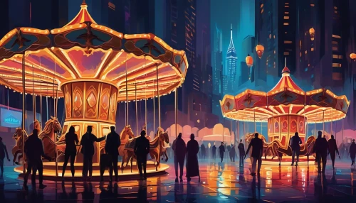 carousel,umbrellas,amusement park,fairground,parasols,carnival tent,funfair,luna park,circus tent,huge umbrellas,neon carnival brasil,fantasy city,amusement ride,merry-go-round,world digital painting,carnival,circus,lanterns,cirque,umbrella,Conceptual Art,Oil color,Oil Color 22