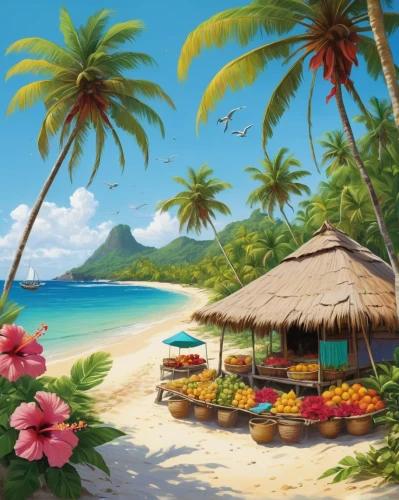 beach landscape,tropical beach,caribbean beach,beach scenery,luau,dream beach,paradise beach,tropical island,tropical floral background,tahiti,beach background,jamaica,coconut trees,umbrella beach,mountain beach,tropical house,landscape background,caribbean,beautiful beach,tropical sea,Art,Classical Oil Painting,Classical Oil Painting 04