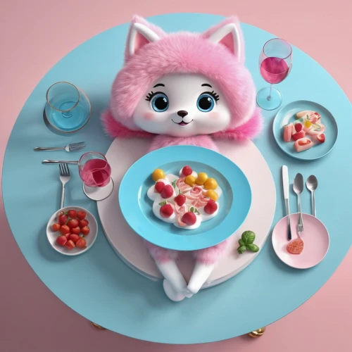 kawaii food,doll kitchen,food styling,doll cat,pink cat,kawaii foods,bonbon,tea party cat,sweet food,baby playing with food,sweet dish,porcelaine,stylized macaron,small animal food,child fox,pomeranian,panna cotta,food collage,food table,anthropomorphized animals,Unique,3D,3D Character