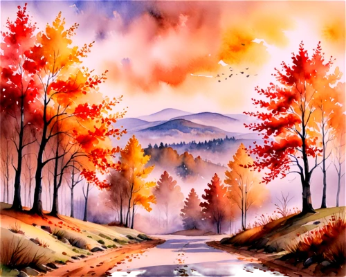 autumn landscape,autumn background,fall landscape,autumn scenery,watercolor background,autumn mountains,autumn forest,landscape background,autumn idyll,autumn trees,autumn theme,fall foliage,autumn day,autumn colouring,forest landscape,autumn icon,watercolor painting,autumn leaves,the autumn,watercolor paint,Illustration,Paper based,Paper Based 24