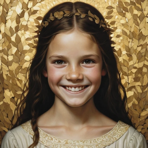 mary-gold,gold crown,portrait of a girl,child portrait,golden crown,a girl's smile,girl in a wreath,girl portrait,gold foil crown,mystical portrait of a girl,golden wreath,clove,girl with bread-and-butter,portrait of christi,the little girl,princess sofia,jessamine,laurel wreath,jesus child,princess crown,Illustration,Realistic Fantasy,Realistic Fantasy 09