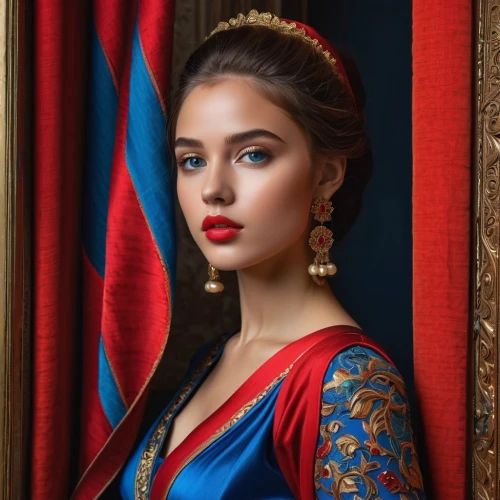 east indian,indian,persian,indian girl,indian woman,indian bride,portrait of a girl,blue peacock,sari,radha,girl with a pearl earring,romantic portrait,red and blue,eurasian,miss circassian,yemeni,elegant,girl in cloth,red cape,indian celebrity,Art,Classical Oil Painting,Classical Oil Painting 17
