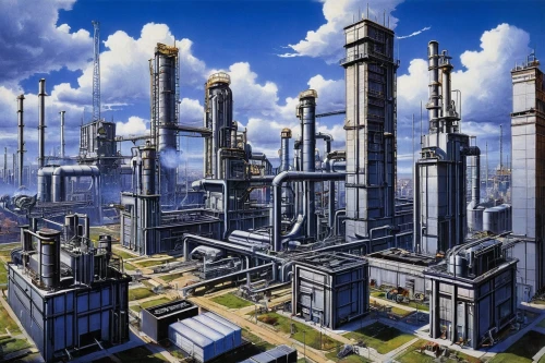 industrial landscape,refinery,industrial area,industries,industrial plant,petrochemical,industrial,chemical plant,factories,petrochemicals,industry,metropolis,industrial tubes,industry 4,industrial security,industrial ruin,futuristic landscape,heavy water factory,dystopian,oil industry,Illustration,American Style,American Style 07