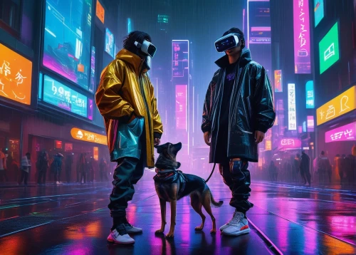 cyberpunk,puma,color dogs,neon arrows,neon,futuristic,neon ghosts,rain cats and dogs,cyber,wolves,80s,vapor,dog street,stray dogs,street dogs,would a background,neon lights,hk,dystopian,pedestrians,Art,Classical Oil Painting,Classical Oil Painting 41