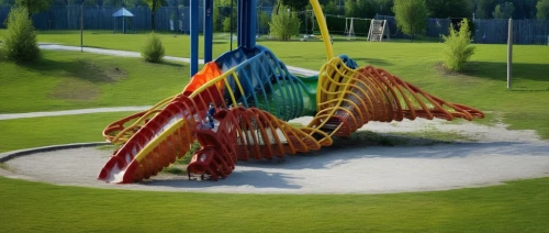 sculpture park,playground slide,children's playground,outdoor play equipment,spinosaurus,stegosaurus,steel sculpture,public art,aucasaurus,playset,urban park,play area,play yard,3d rendering,shrimp slide,olympiapark,playground,dinosaur skeleton,children's ride,colorful birds