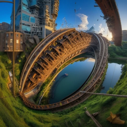 industrial landscape,360 ° panorama,mosel loop,industrial ruin,panoramical,coaster,atlantis,trestle,dragon bridge,360 °,water wheel,roller coaster,fish eye,bucket wheel excavator,bucket wheel excavators,aerial landscape,humpback bridge,virtual landscape,futuristic landscape,hamster wheel,Photography,General,Realistic