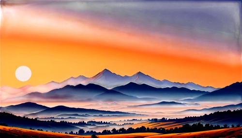 mountain sunrise,mountain scene,landscape background,alpine sunset,mountainous landscape,mountain landscape,dachstein,panoramic landscape,painting technique,allgäu,mountains,landscape mountains alps,glass painting,mountain range,art painting,hot-air-balloon-valley-sky,high alps,oberallgäu,autumn mountains,mountain ranges,Illustration,Japanese style,Japanese Style 06