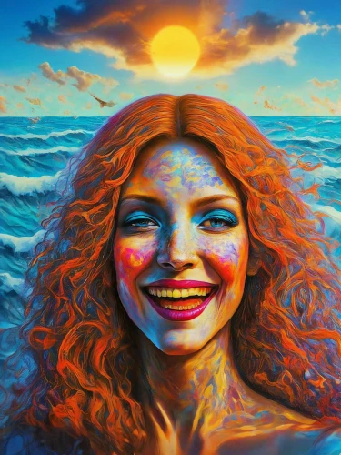 siren,world digital painting,oil painting on canvas,the sea maid,a girl's smile,psychedelic art,sea,rusalka,the people in the sea,sun and sea,bodypainting,ecstatic,merfolk,sun,medusa,oil painting,oil on canvas,the wind from the sea,mermaid background,art painting