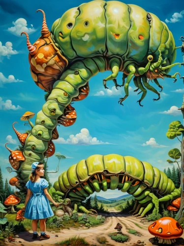 caterpillar gypsy,surrealism,insects,alice in wonderland,studio ghibli,el salvador dali,caterpillars,beetles,surrealistic,centipede,children's fairy tale,two-point-ladybug,snails and slugs,millipedes,arthropods,cutworms,entomology,caravan,fairy world,the beetle