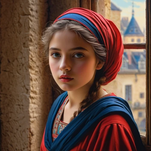 girl in a historic way,portrait of a girl,girl with cloth,girl portrait,girl in cloth,mystical portrait of a girl,girl with a pearl earring,ancient egyptian girl,emile vernon,islamic girl,beautiful bonnet,girl wearing hat,child portrait,young model istanbul,italian painter,young lady,girl praying,romantic portrait,relaxed young girl,young woman,Art,Classical Oil Painting,Classical Oil Painting 32