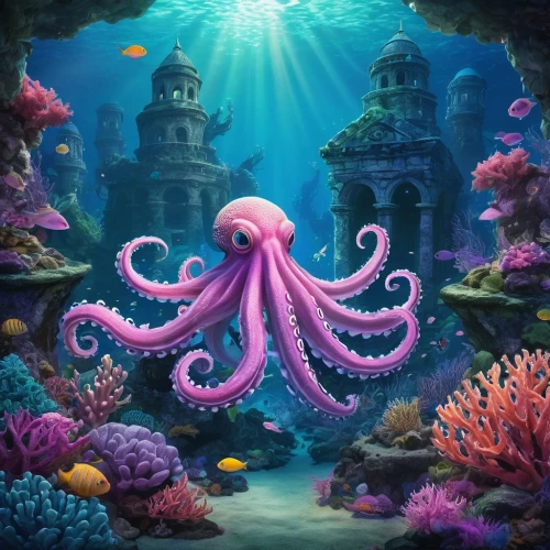 pink octopus,under sea,fun octopus,octopus,calamari,under the sea,cephalopod,underwater background,squid game card,kraken,octopus tentacles,undersea,deep sea,coral guardian,sea-life,cephalopods,the bottom of the sea,sea animal,cuthulu,tentacles,Unique,3D,Modern Sculpture