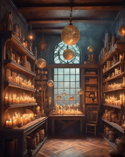 apothecary,candlemaker,potions,pharmacy,tealights,alchemy,bookstore,bookshop,bookshelves,candlelights,dandelion hall,brandy shop,shopkeeper,soap shop,clockmaker,book store,cosmetics counter,burning candles,pantry,ornate room,Conceptual Art,Sci-Fi,Sci-Fi 06