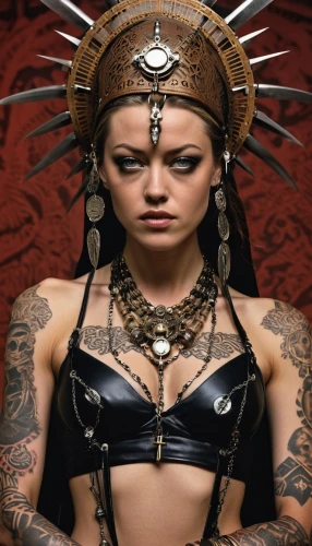 warrior woman,maori,tattoo girl,headdress,female warrior,sacred lotus,voodoo woman,shamanic,tribal,priestess,indian headdress,aztecs,body jewelry,shaman,shamanism,tattoo expo,headpiece,kali,cleopatra,feather headdress,Photography,General,Realistic