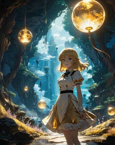 violet evergarden,alice in wonderland,meteora,alice,saber,fantasia,darjeeling,fairy world,magical adventure,fae,yang,cg artwork,wonderland,fairy village,lantern,dandelion hall,luminous,studio ghibli,underwater background,illumination