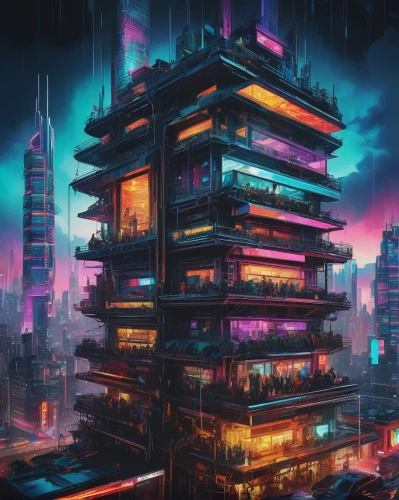 cyberpunk,skyscraper,the skyscraper,apartment block,skyscraper town,urban towers,high rises,metropolis,high-rises,skyscrapers,electric tower,fantasy city,cityscape,dystopian,futuristic,sky apartment,kowloon,residential tower,colorful city,dystopia,Illustration,Realistic Fantasy,Realistic Fantasy 24